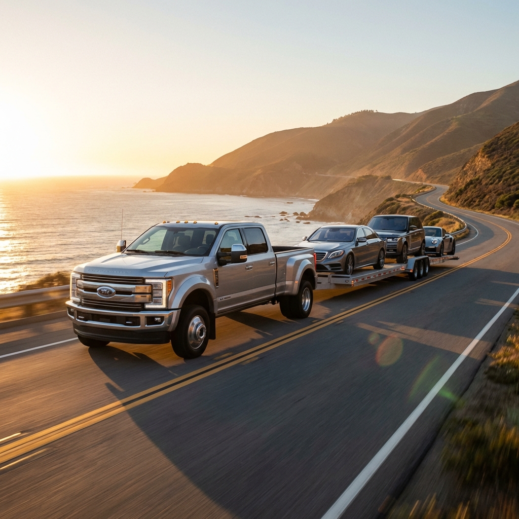 Ford F350 dually towing a 3-car trailer loaded with vehicles on a scenic highway